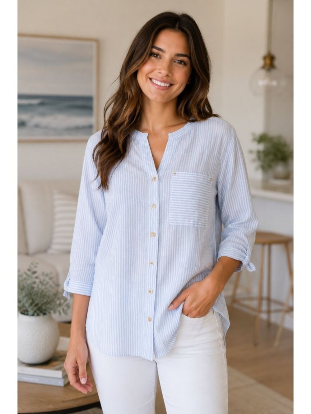 Anne Klein size XL Blue White Pinstripe Blouse Gold Button V-neck 3/4 Tie sleeve